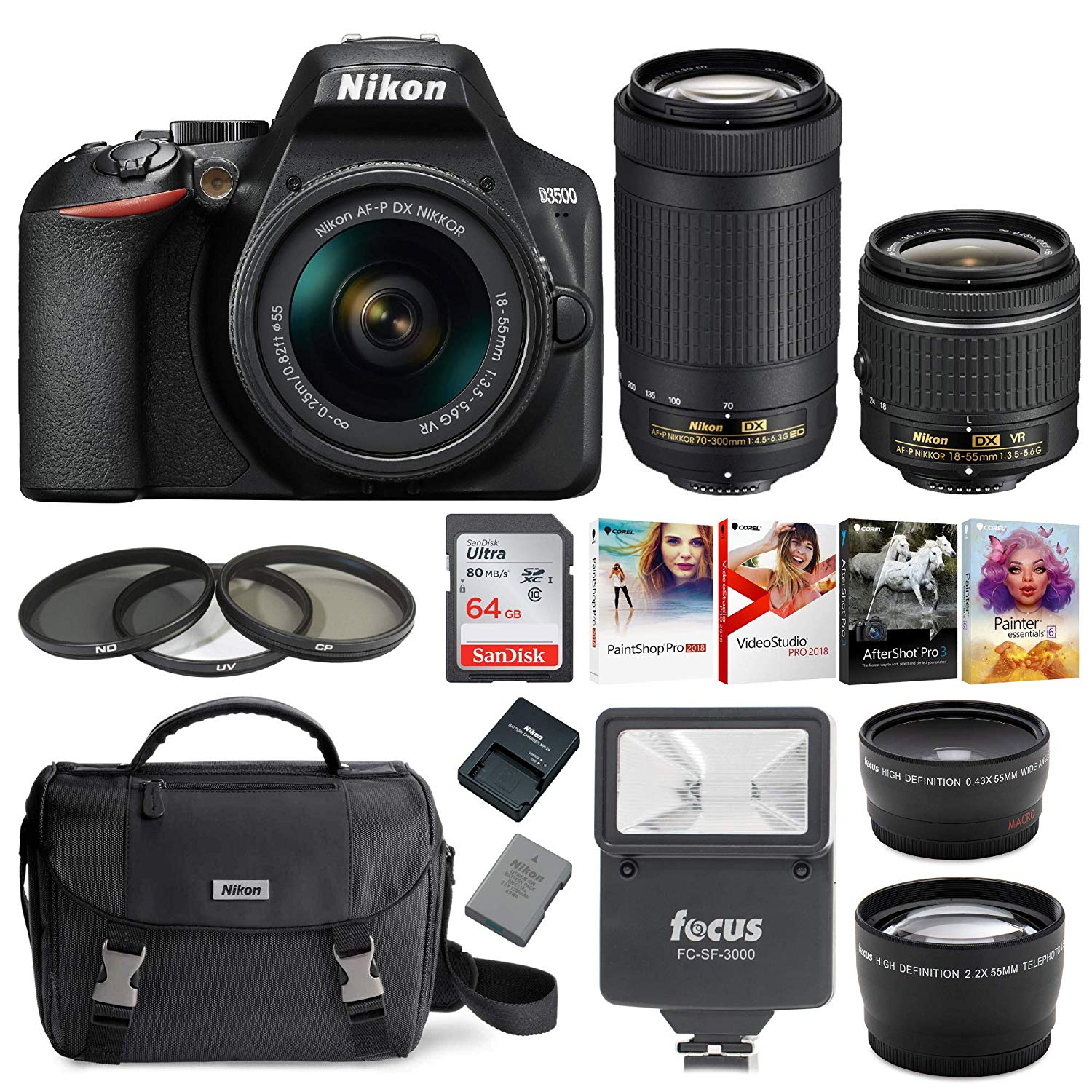 Nikon Reflex D3500 Kit 18-55 Vr+ 70-300 Af P +64 Gb+bolso+ – Candy-HO
